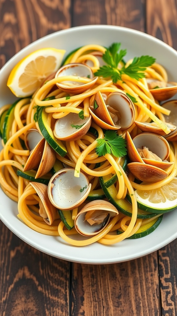 A plate of zucchini clam pasta with garlic butter sauce and parsley garnish on a rustic wooden table.